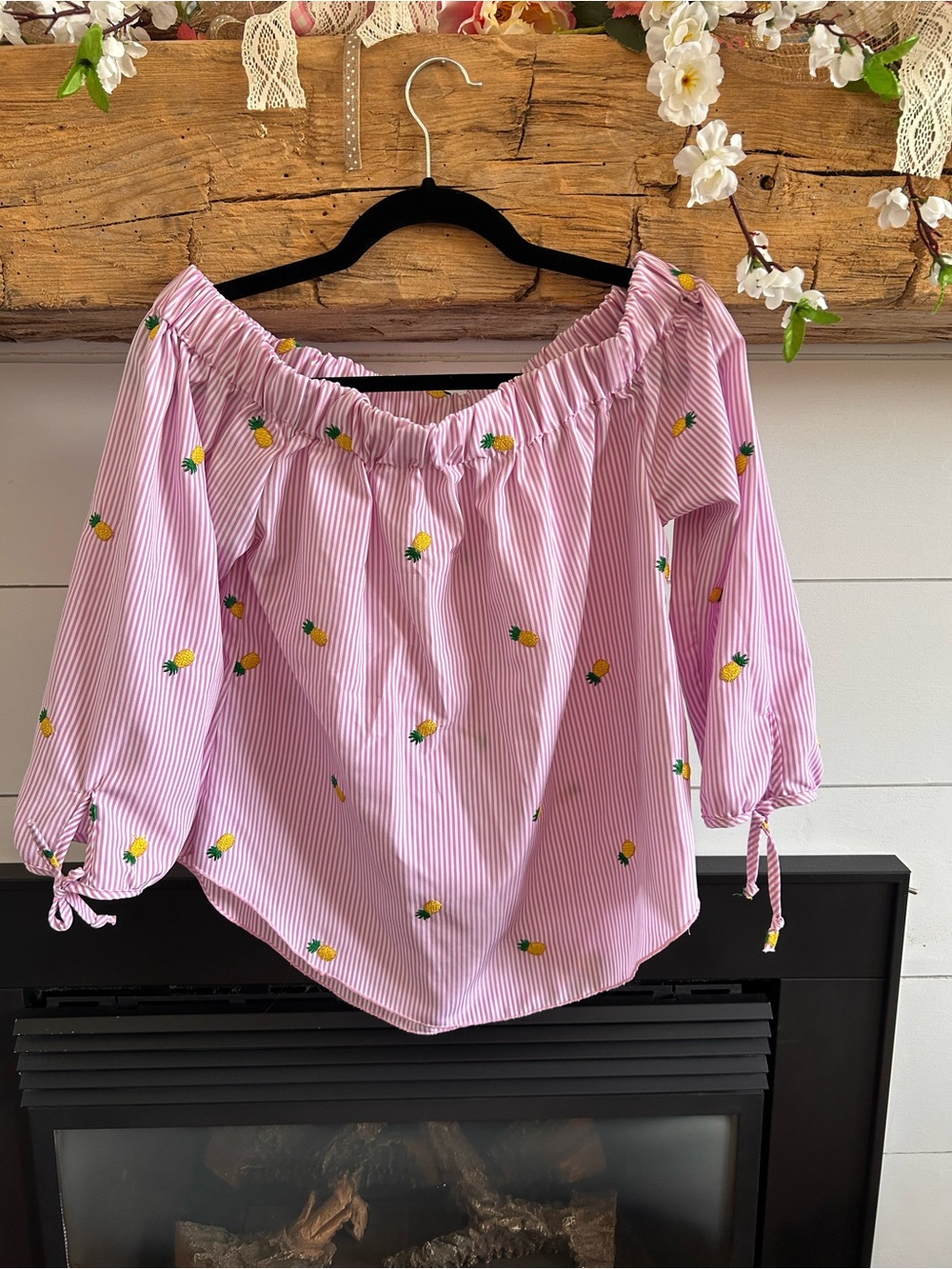 Off-Shoulder Pink Stripe & Pineapple Embroidered Women’s Top